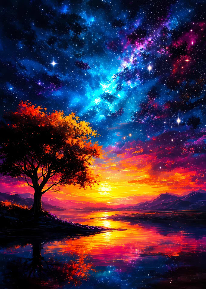 Vibrant Sunset Over Cosmic Lake