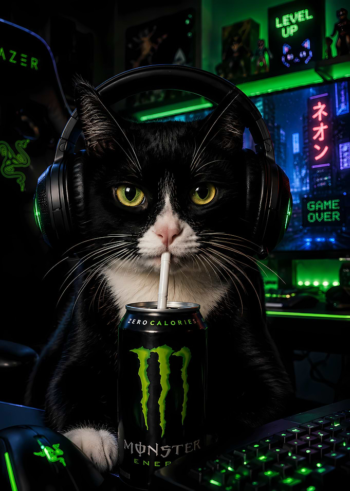 Gamer Cat Drinking Monster Energy