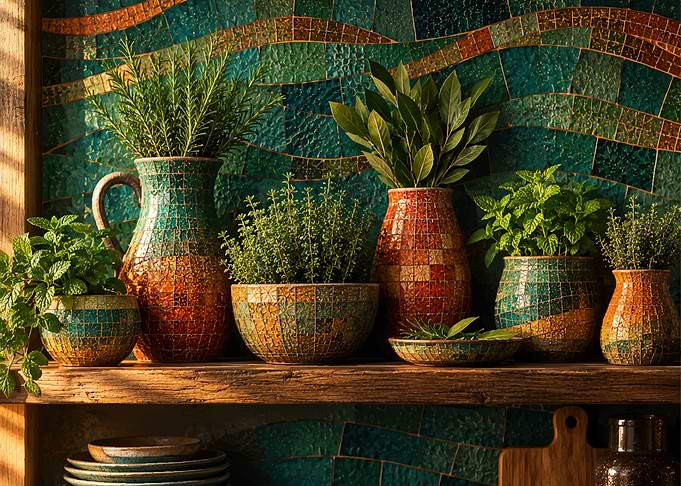 Mosaic Herb Pots on Wooden Shelf