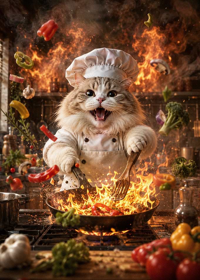 Cat Chef Cooking with Fire