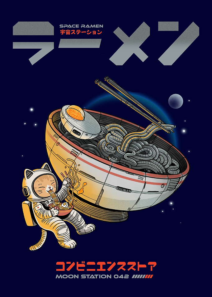 Space Ramen Cat Astronaut Illustration