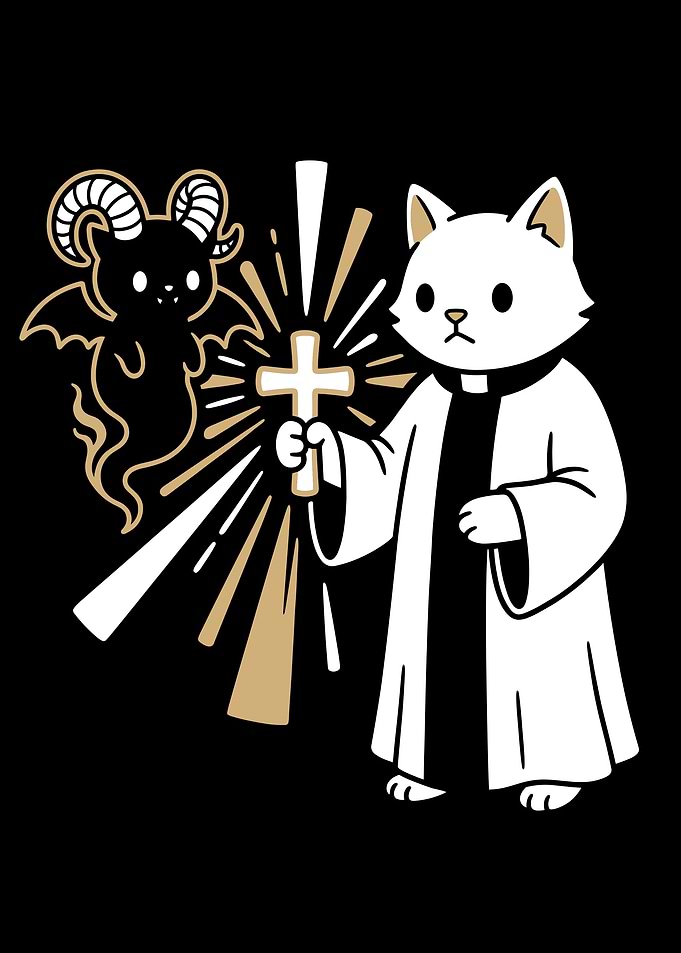 Cat Priest Exorcising Demon