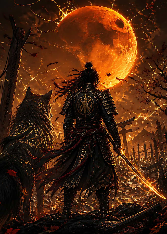 Samurai Warrior and Wolf Under Moon