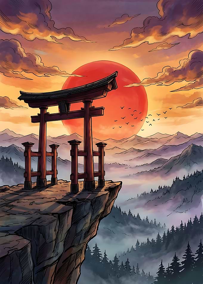 Torii Gate Overlooking Misty Mountains