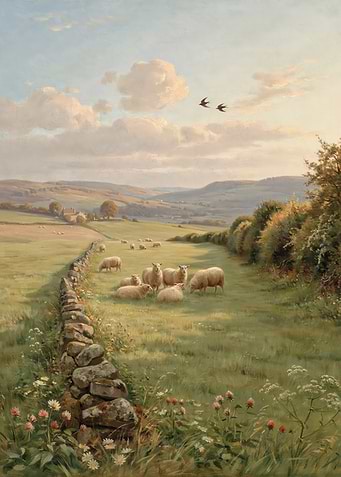 Sheep Grazing in Pastoral Landscape