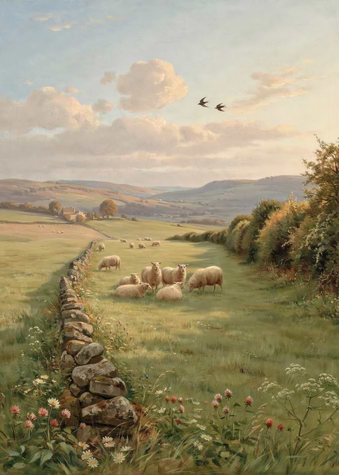Sheep Grazing in Pastoral Landscape