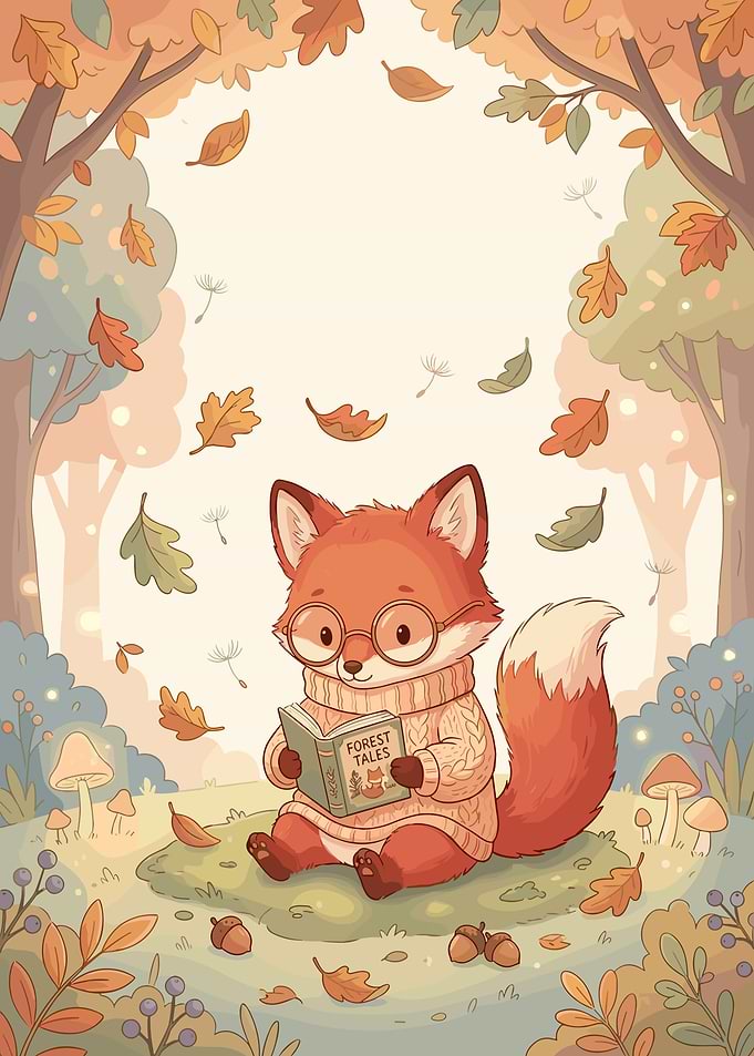 Cute Fox Reading in Autumn Forest