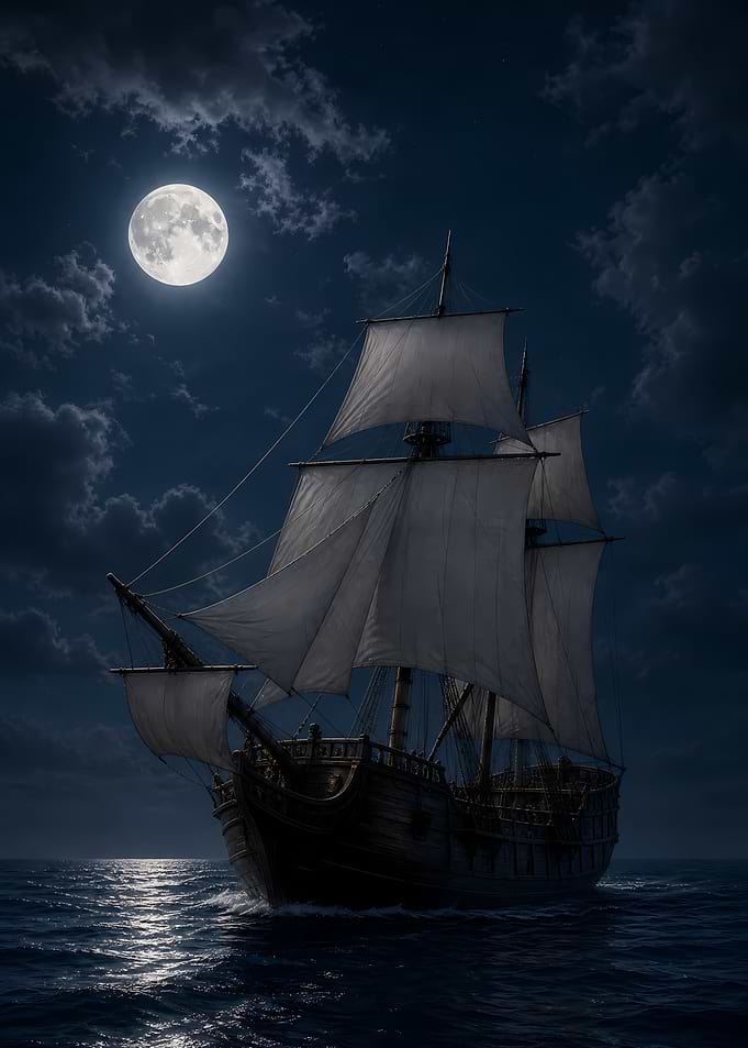 Sailing Ship Under Full Moon