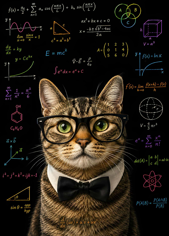 Smart Professor Cat with Math Formulas