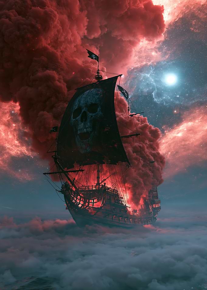Ghost Pirate Ship in Red Clouds
