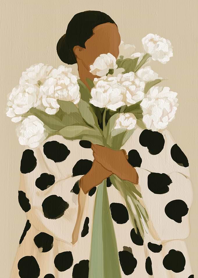 Woman Holding White Peonies Illustration