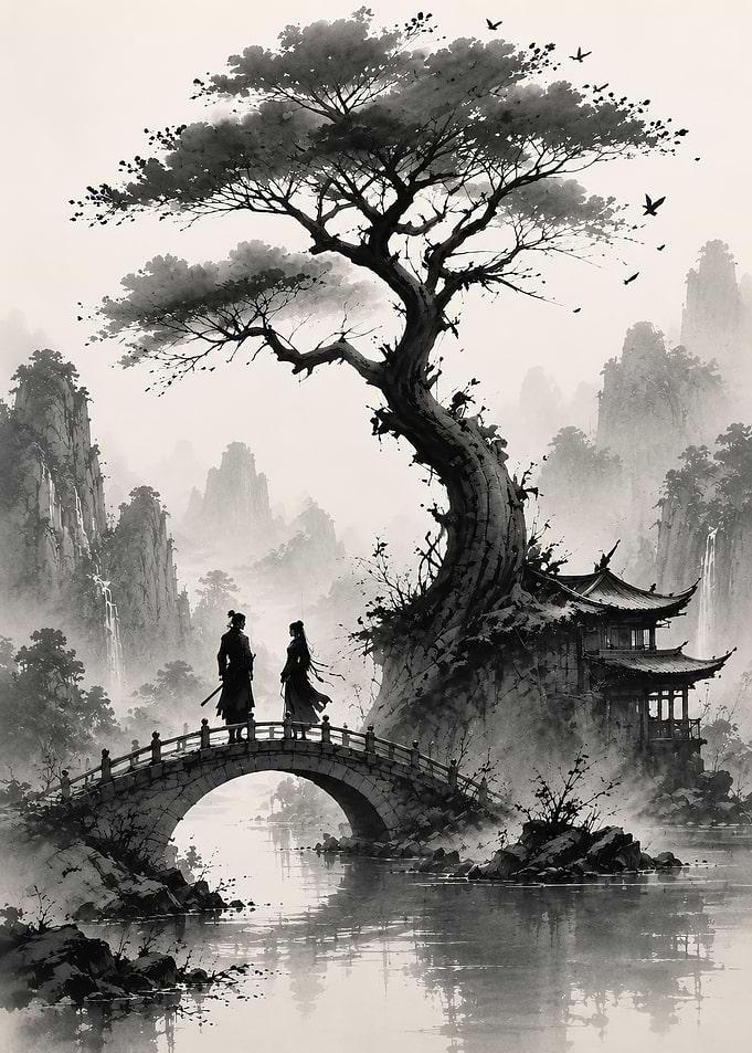 Couple on Bridge in Misty Landscape