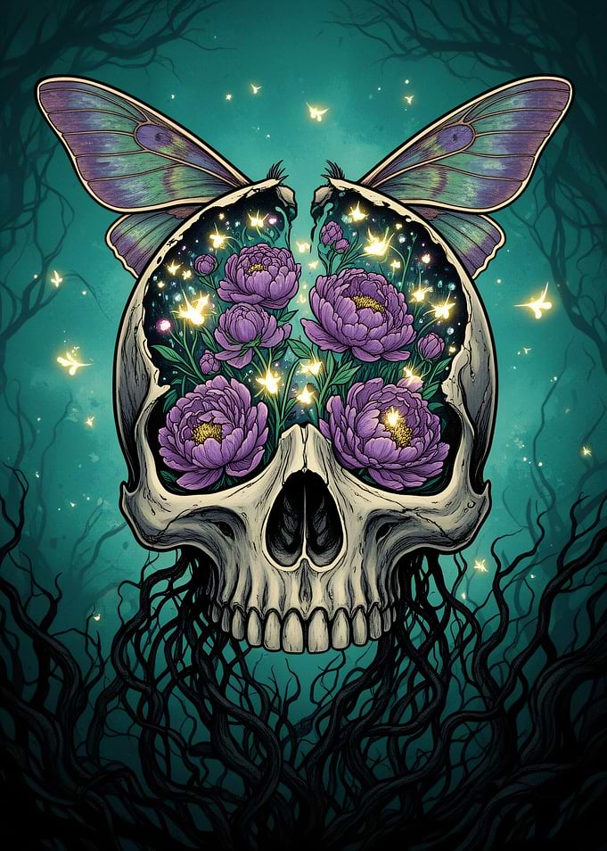 Skull with Peonies and Butterfly Wings