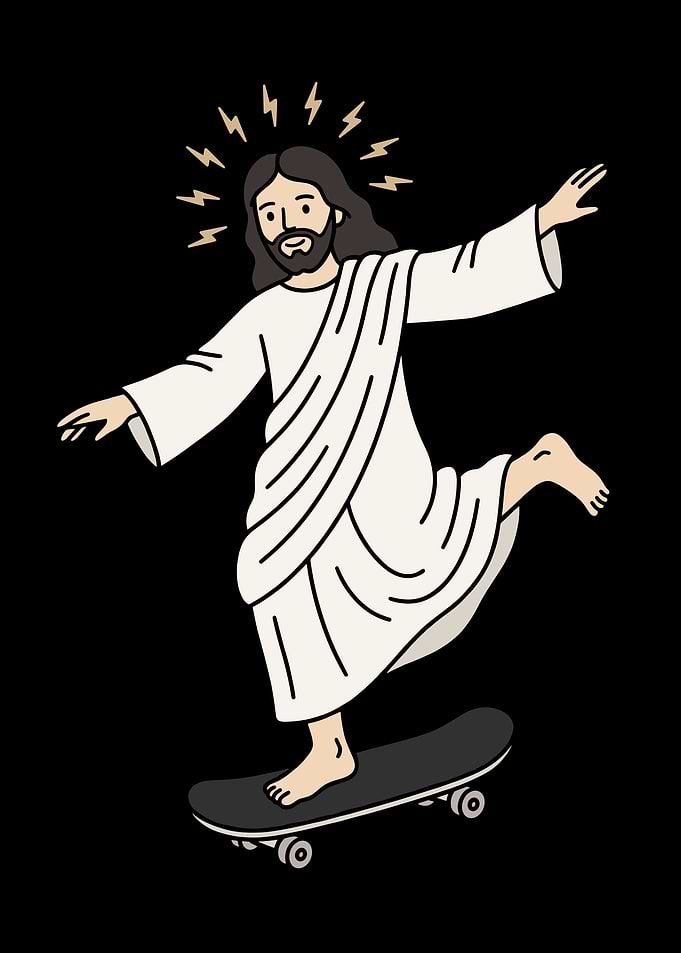 Jesus Christ Skateboarding Cartoon Illustration