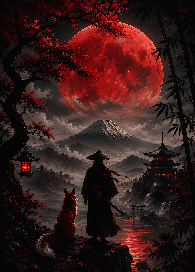 Samurai and Fox Under Red Moon