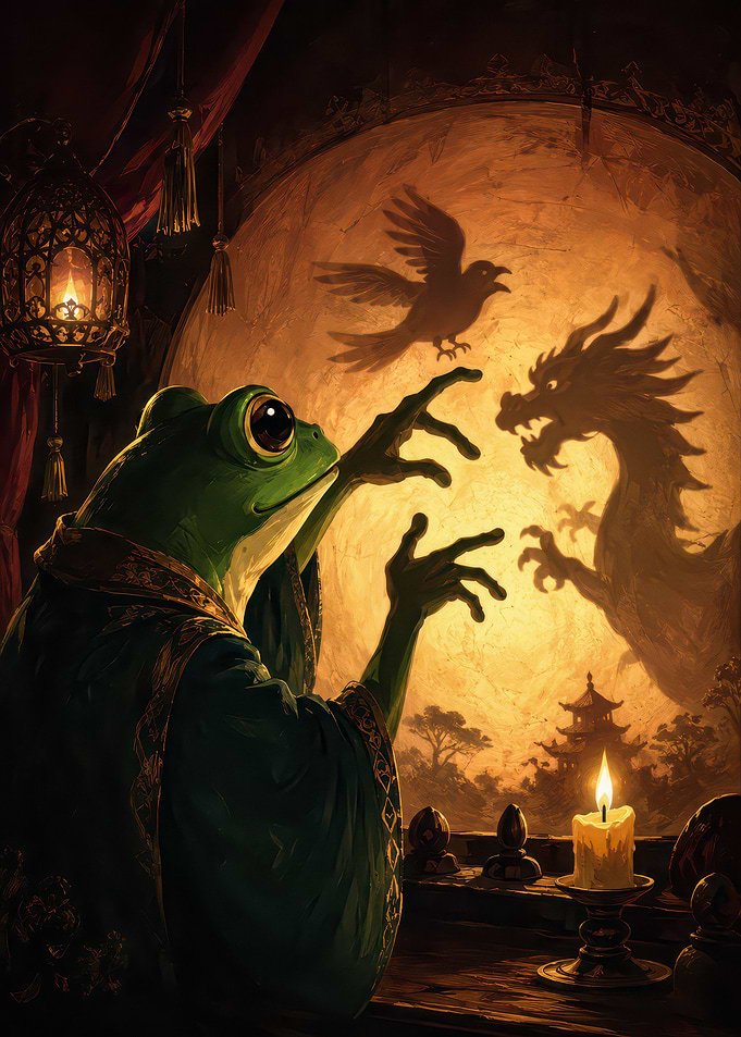 Frog Wizard Casting Shadow Puppets