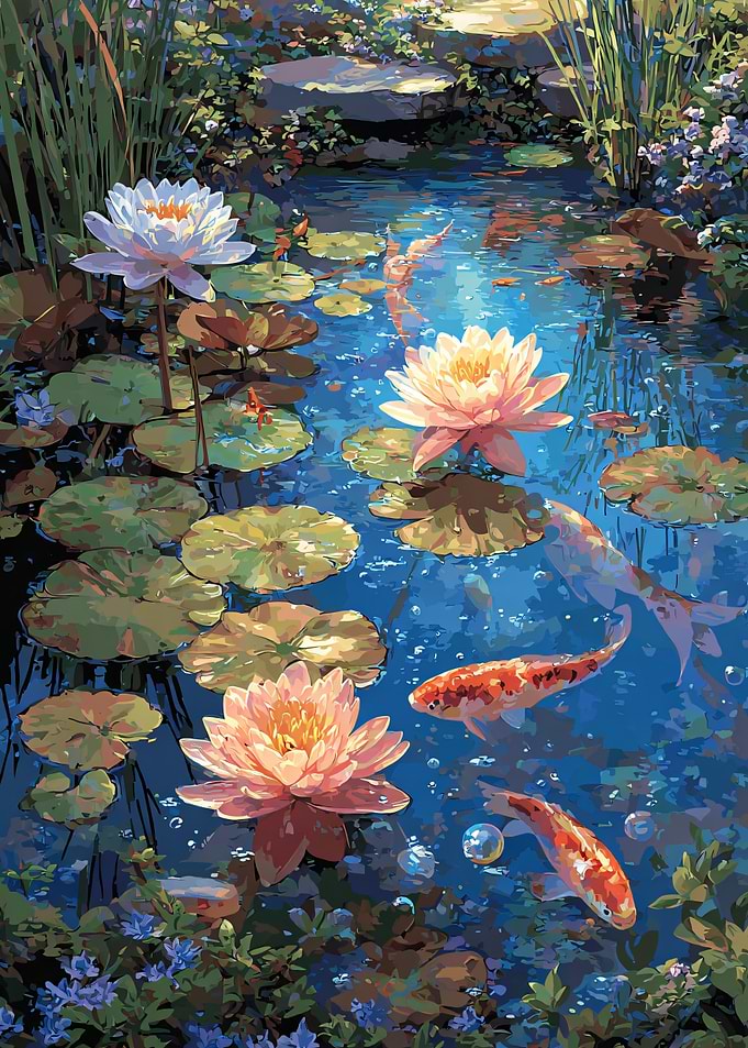 Koi Fish and Water Lilies Pond