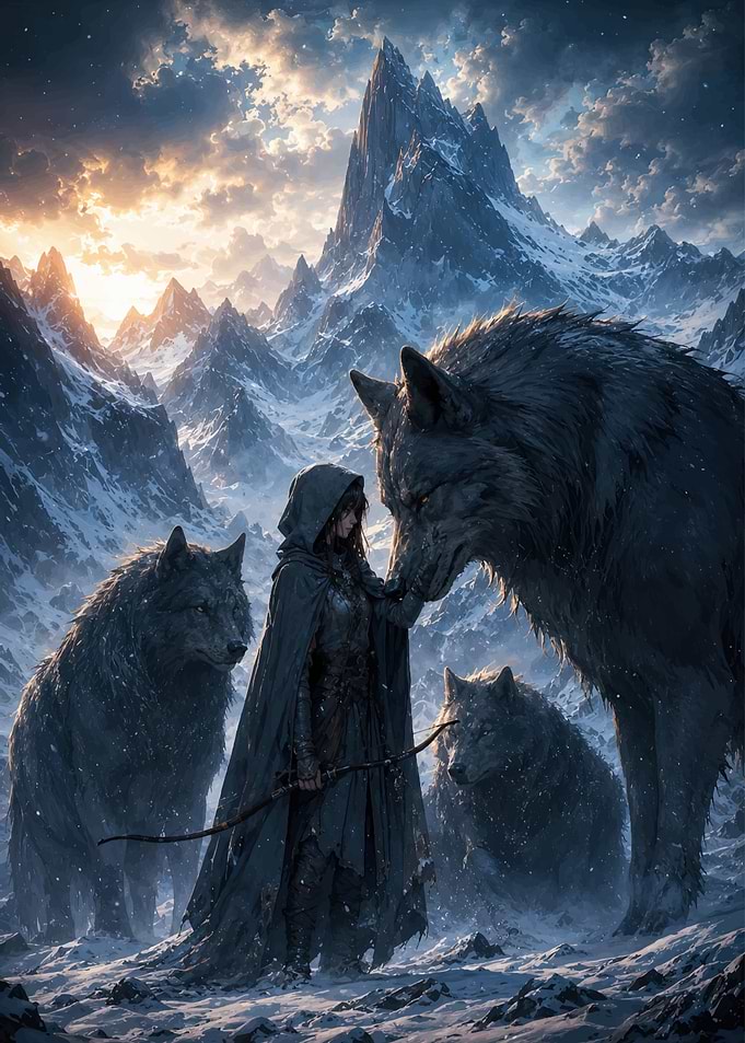 Archer with Wolves in Snowy Mountains