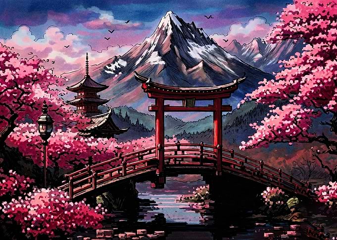 Japanese Temple with Cherry Blossoms