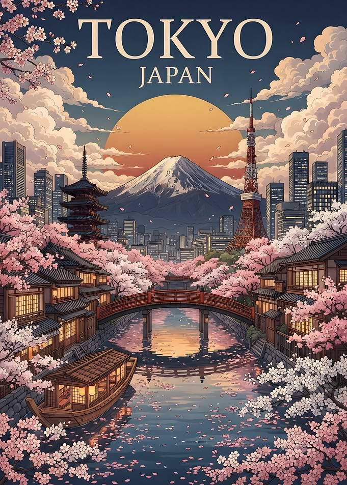 Tokyo Japan Cherry Blossom Travel Poster