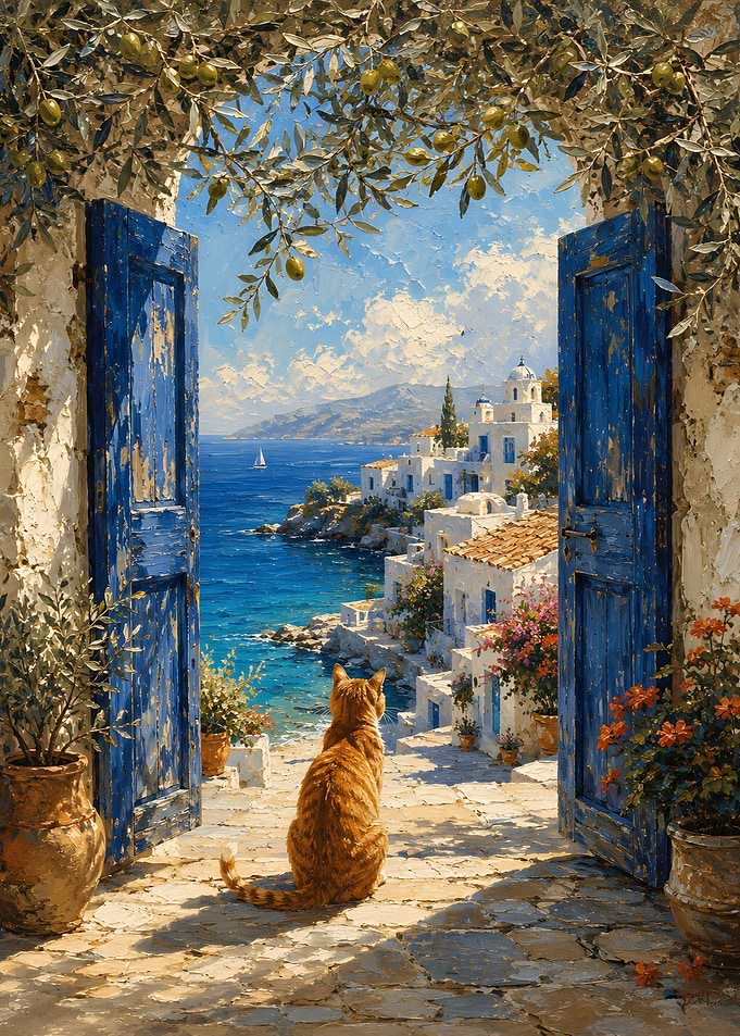 Ginger Cat Overlooking Greek Coastal Village