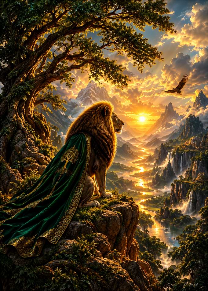 Majestic Lion King in Fantasy Landscape
