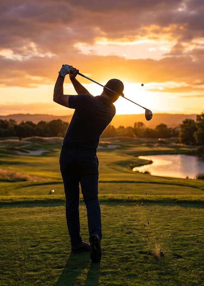 Golfer Swinging at Sunset