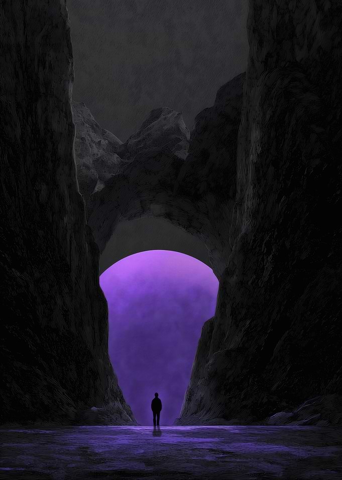 Lone Figure Beneath a Purple Canyon