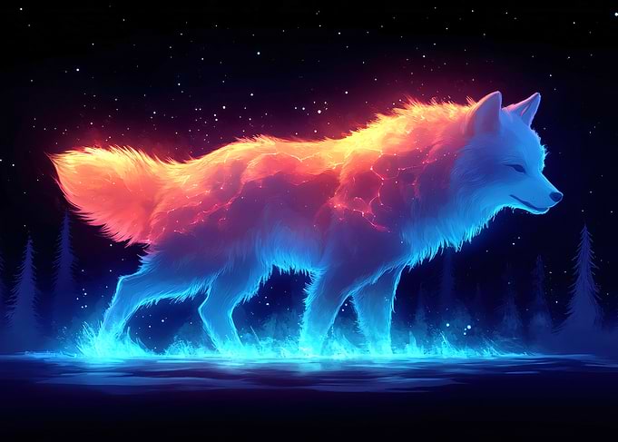 Glowing Neon Fire and Ice Wolf