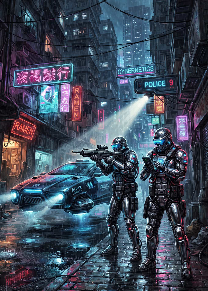 Futuristic Police Patrol in City