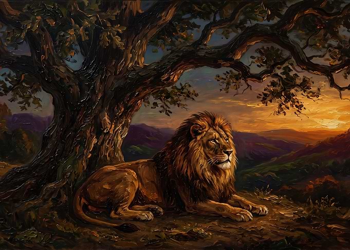Majestic Lion Resting Under Ancient Tree