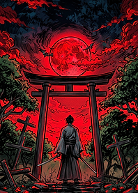 Samurai Standing Before Red Moon Gate