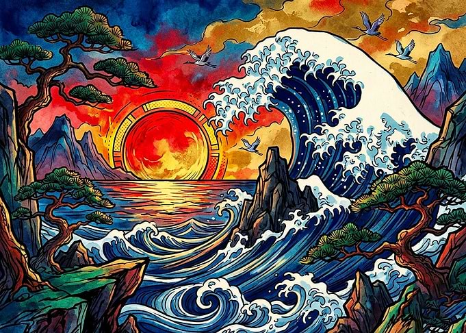 Vibrant Japanese Wave and Sunset Art