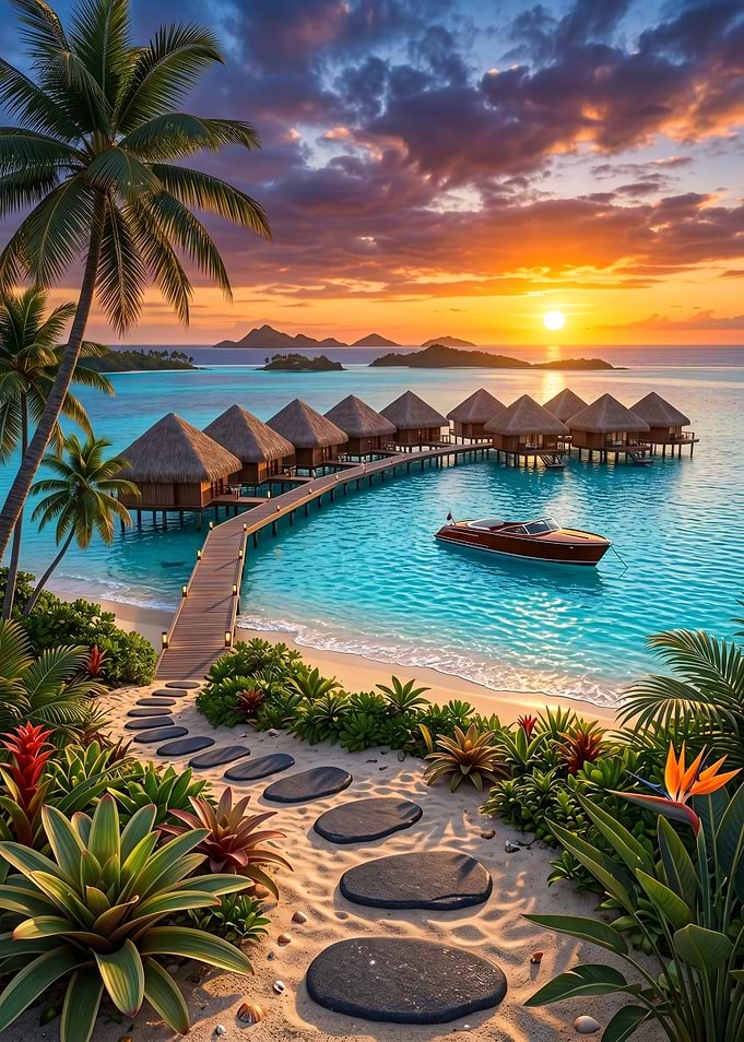 Tropical Overwater Bungalows at Sunset