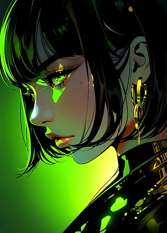 Retro Cyberpunk Neon Green Anime Girl Portrait