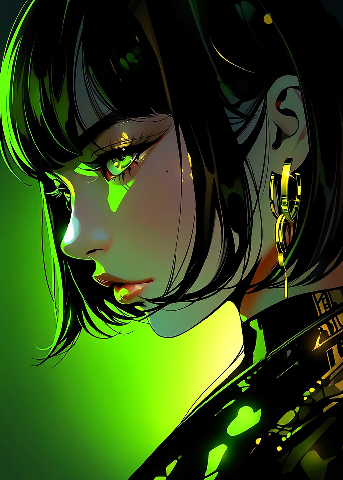 Retro Cyberpunk Neon Green Anime Girl Portrait