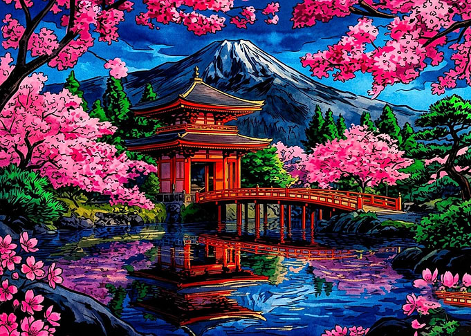 Vibrant Japanese Temple and Cherry Blossoms