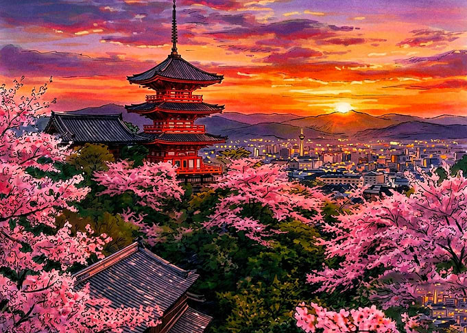 Pagoda and Cherry Blossoms at Sunset