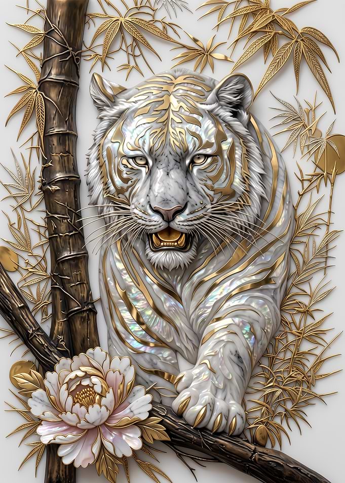 Ornate White Tiger with Gold Accents