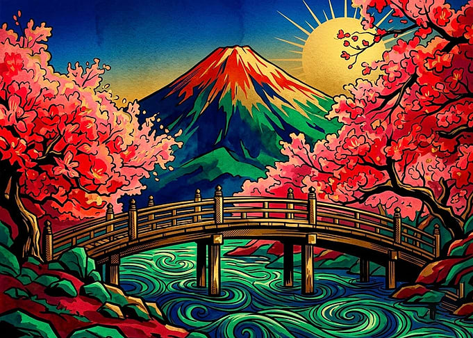 Vibrant Mount Fuji and Cherry Blossoms