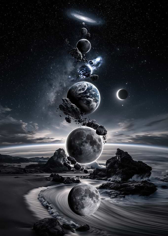 Surreal Cosmic Alignment Over Alien Landscape