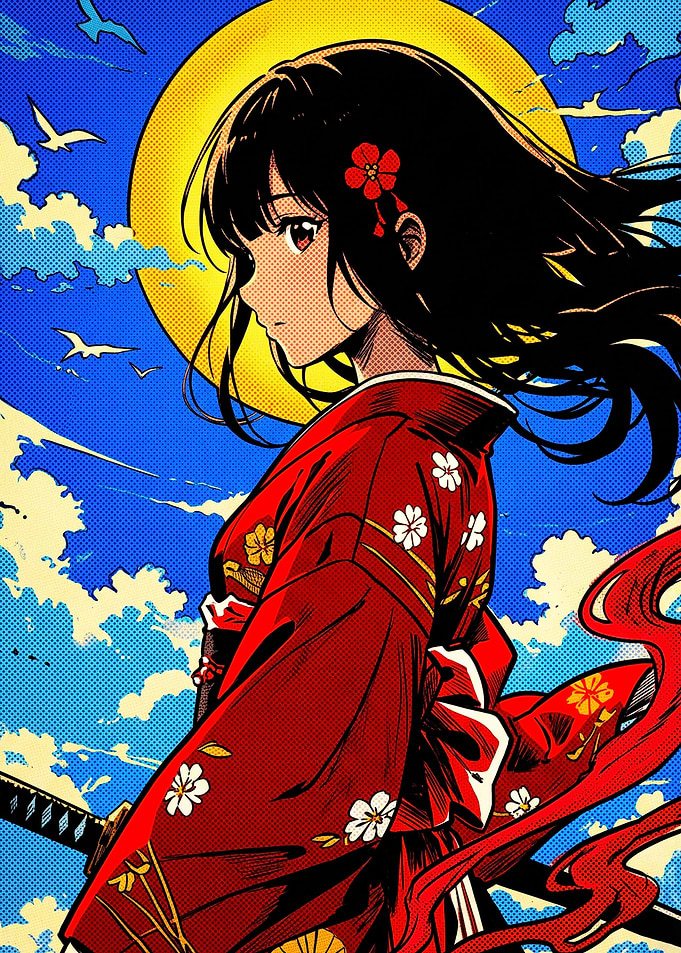 Anime Girl in Red Kimono