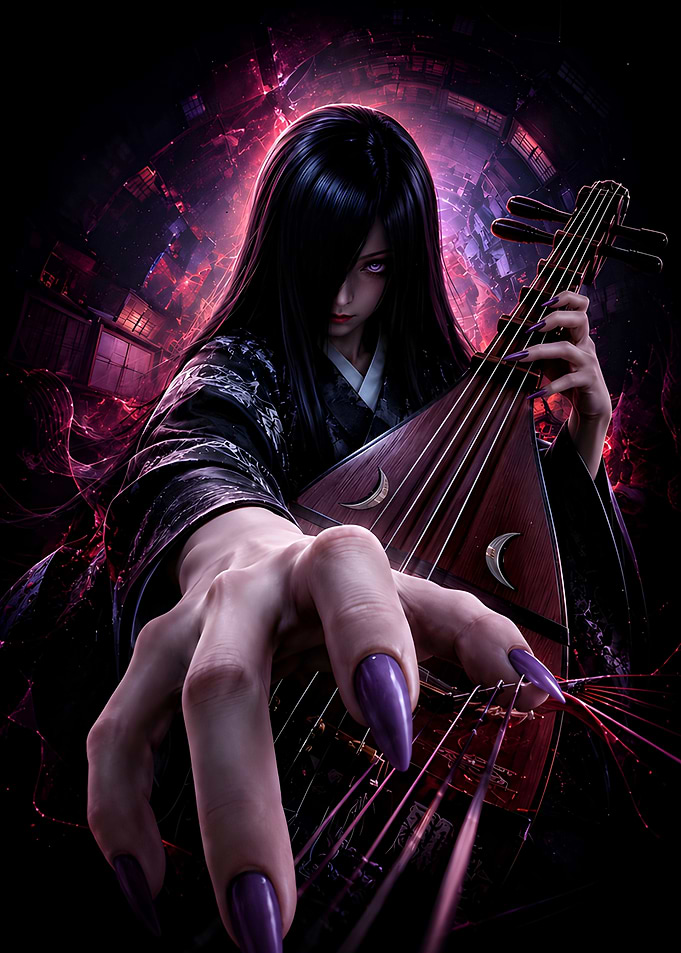 Girl anime Biwa Hoshi Musician in Dark Fantasy