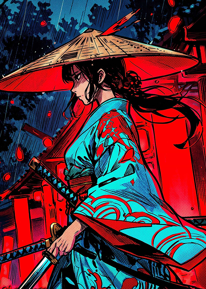 Anime Samurai Girl in Rain