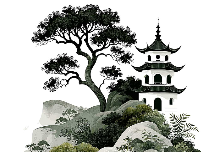 Traditional Asian Pagoda and Pine Tree