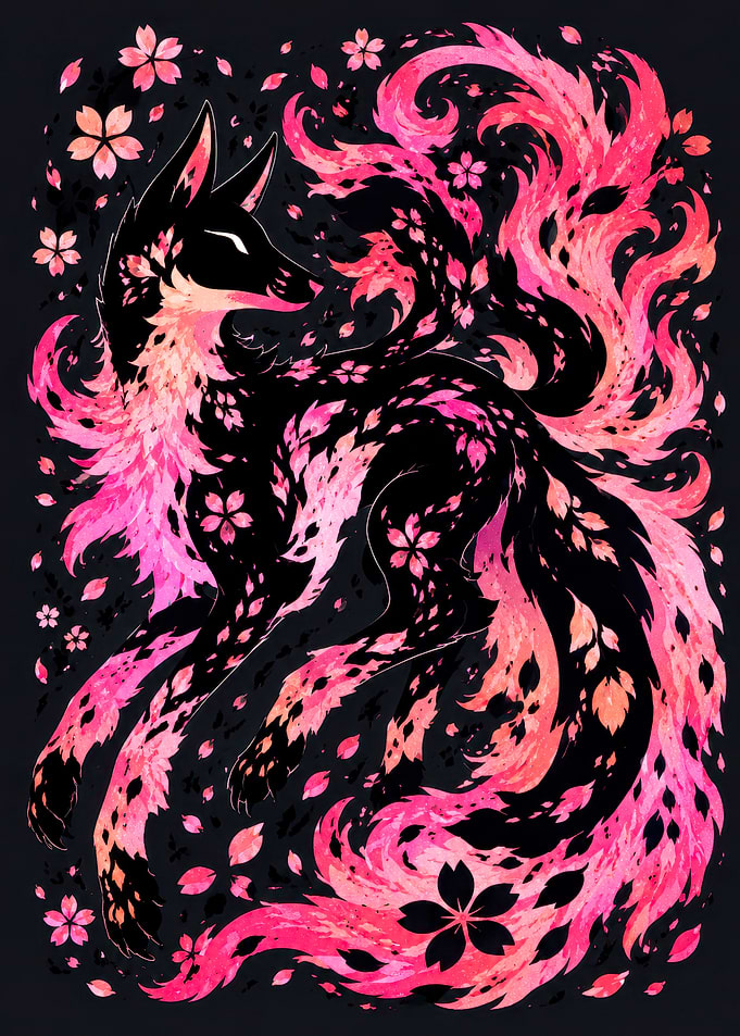 Cherry Blossom Kitsune Fox Illustration