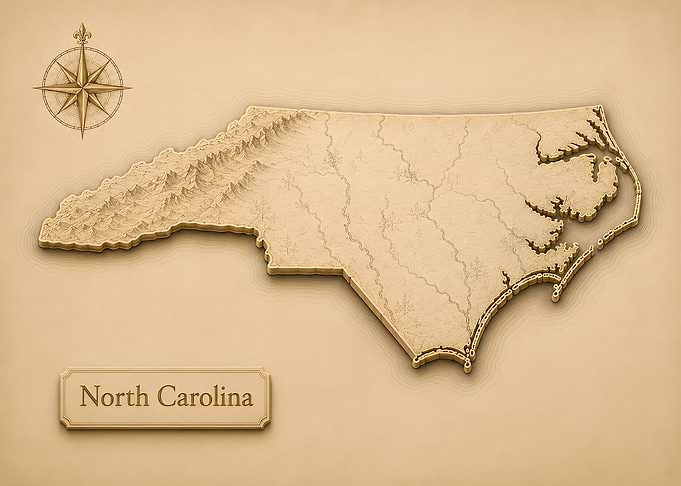 North Carolina Vintage 3D Contour Relief Map