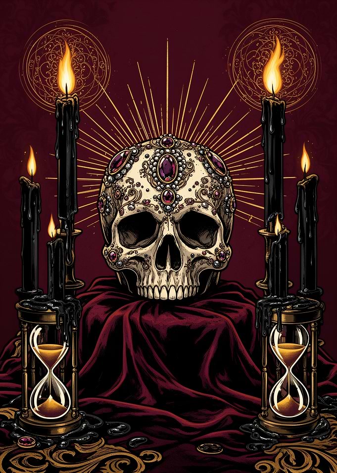 Jeweled Skull with Candles and Hourglasses