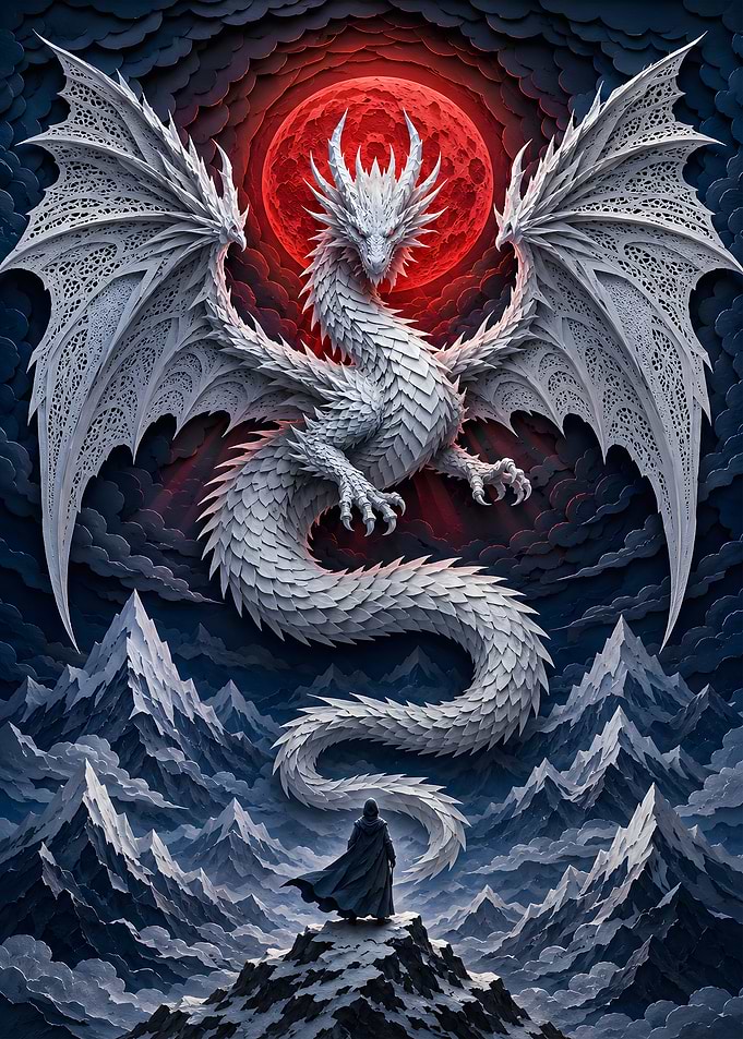 Crimson Moon Dragon Paper Cut Art