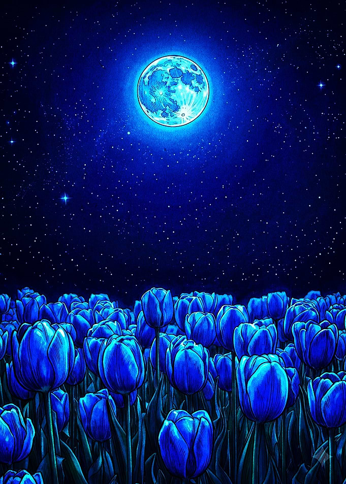 Blue Tulips Under Full Moon